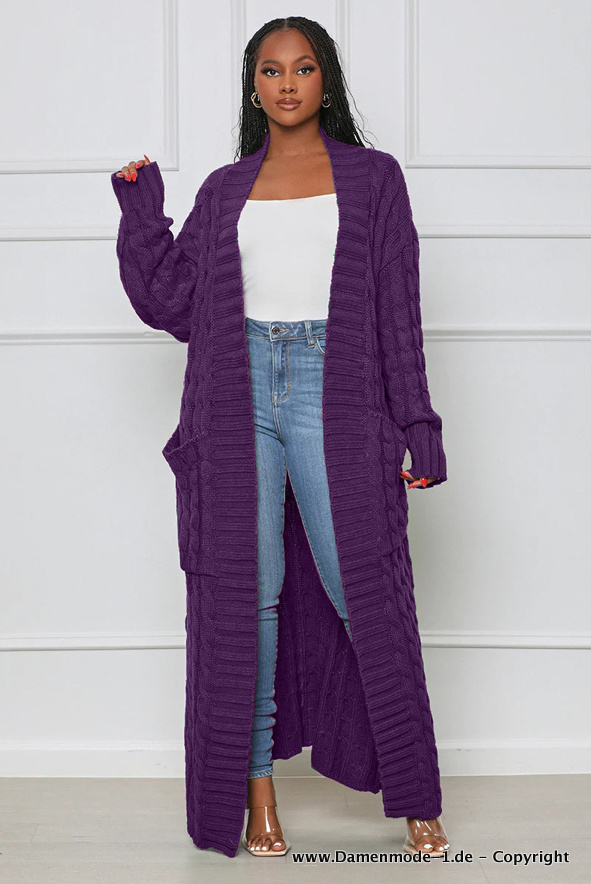 Lange Herbst Frühling Strickjacke für Damen in Lila